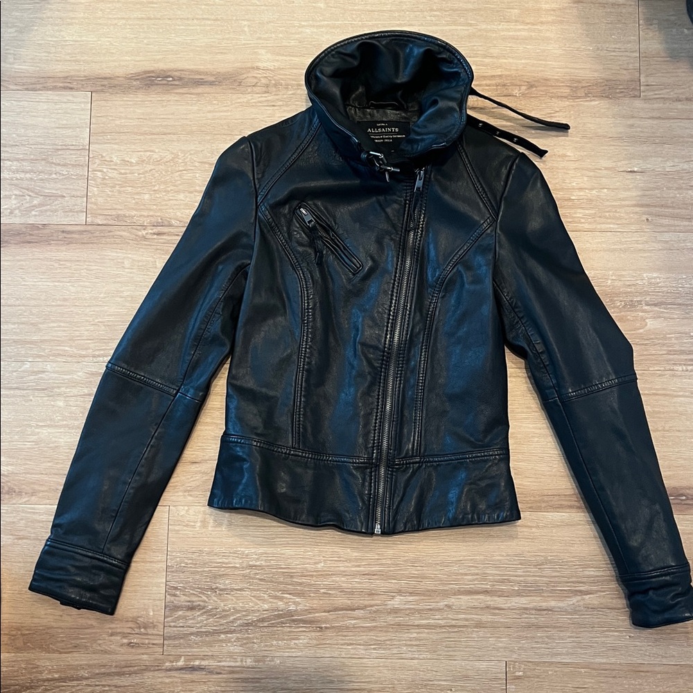 ALL SAINTS Black Belvedere Leather Moto Jacket Size - US 2 UK 6 - Picture 7 of 15